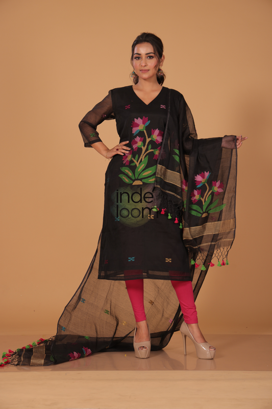 Muslin Jamdani 2-Piece Set Kurti & Dupatta (UNSTITCHED) - True Black - 083