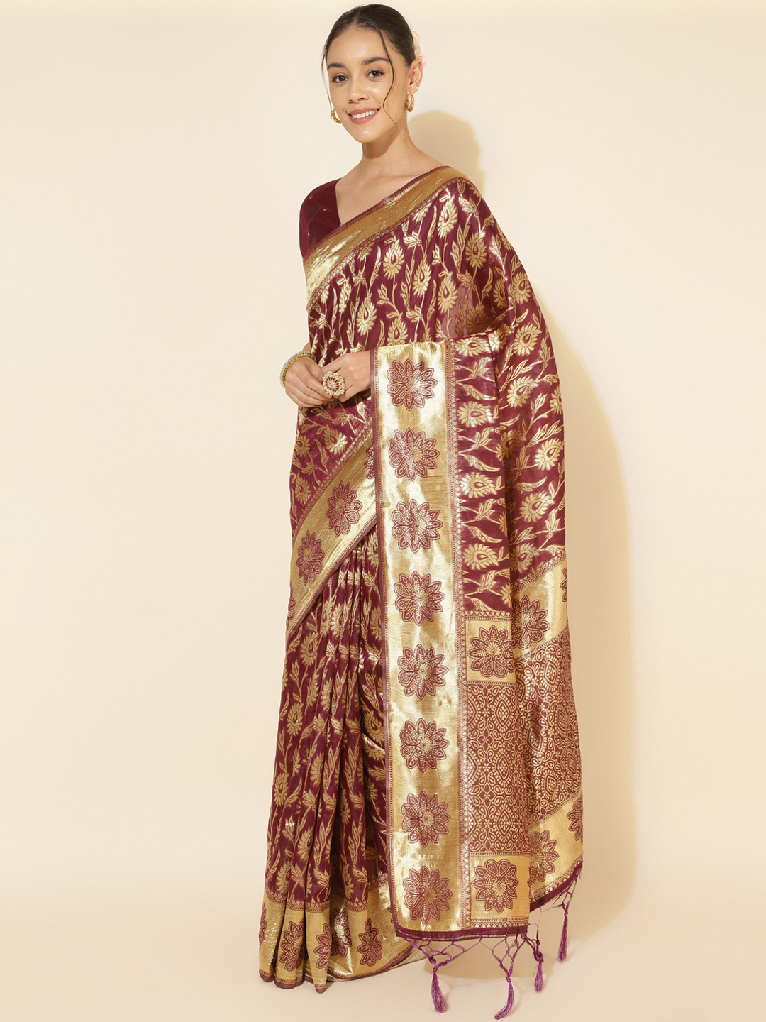 Chanderi Silk Woven Paisley Saree In Wine Red (Precision Looms) - 006