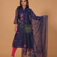 Muslin Jamdani 2-Piece Set Kurti & Dupatta (UNSTITCHED) - Ink Blue - 074