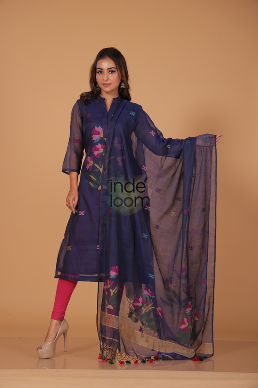 Muslin Jamdani 2-Piece Set Kurti & Dupatta (UNSTITCHED) - Ink Blue - 074