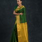 Pure Handloom Korvai Silk Cotton Kattam Saree in Leaf Green with Gold Border - 142