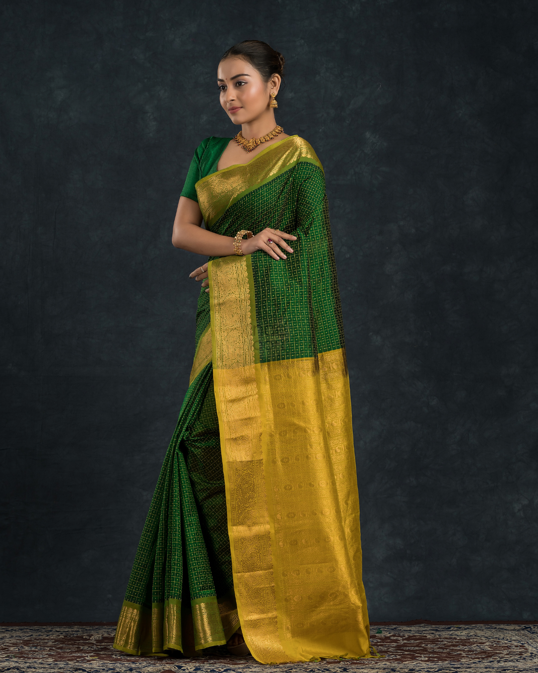 Pure Handloom Korvai Silk Cotton Kattam Saree in Leaf Green with Gold Border - 142