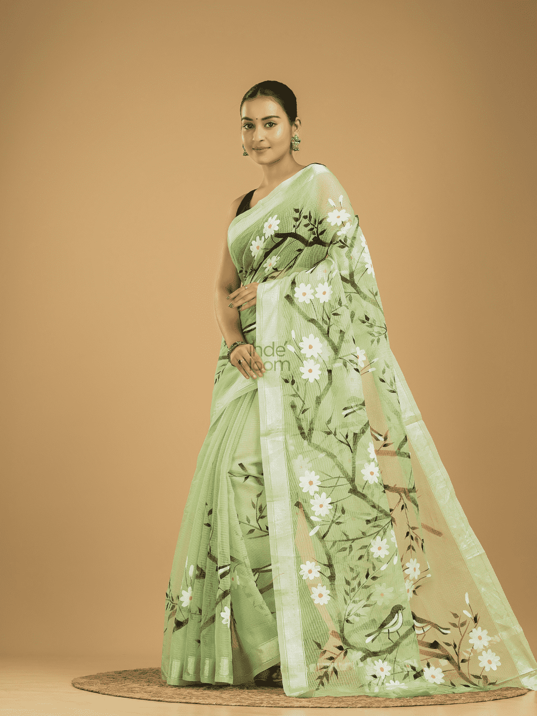 Kota Doria Handpainted  Saree With Mint Green - 001