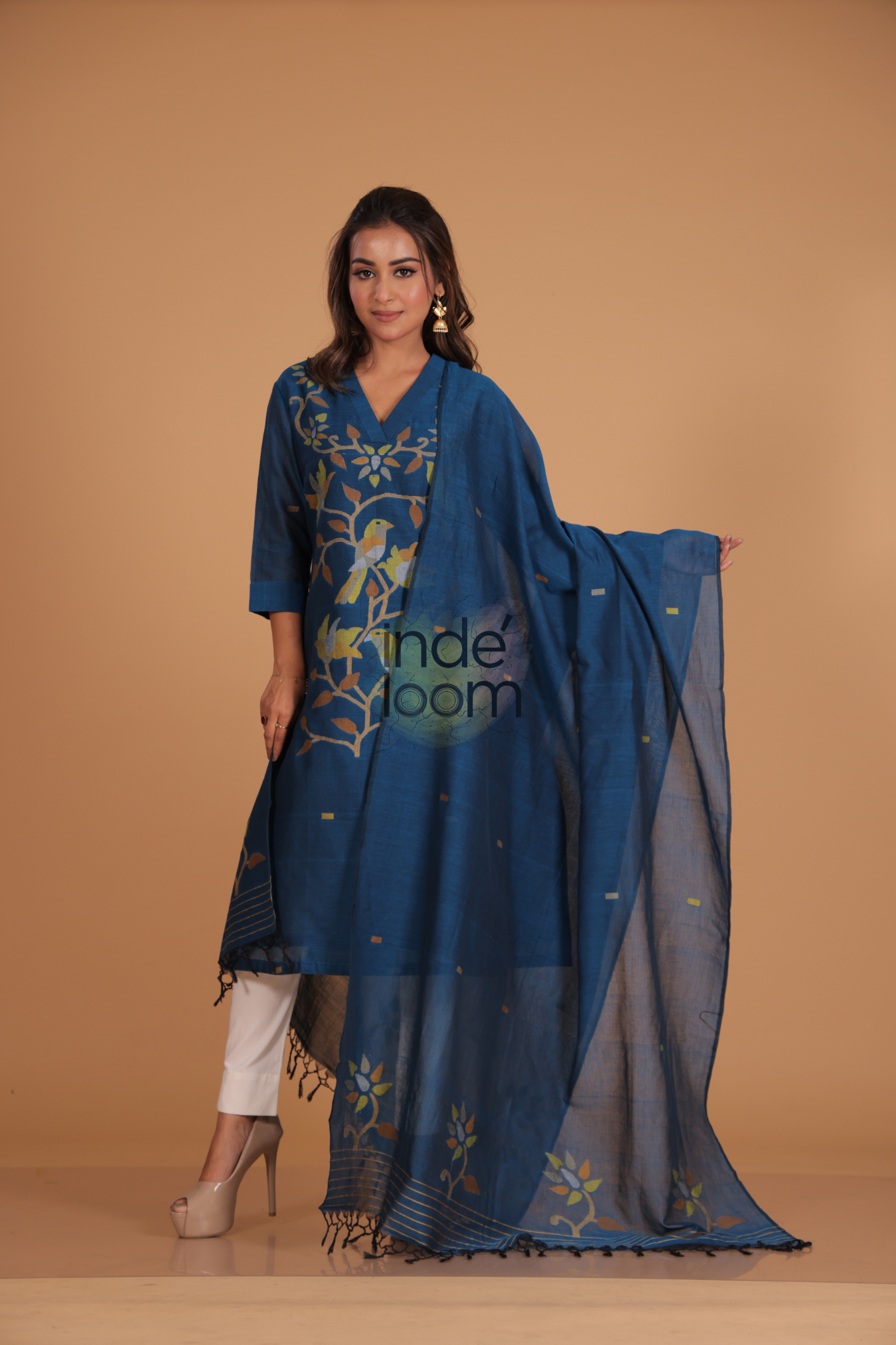 Muslin Jamdani 2-Piece Set Kurti & Dupatta (UNSTITCHED) - Dark Blue - 088