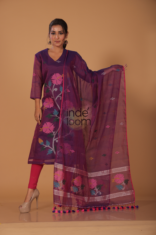 Muslin Jamdani 2-Piece Set Kurti & Dupatta (UNSTITCHED) - Wine Purple - 084