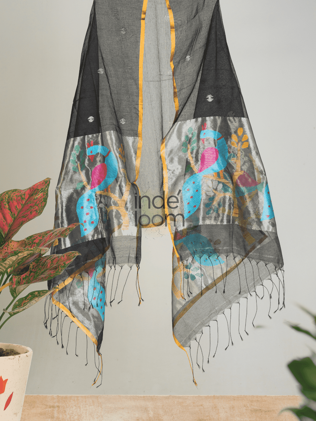 Coal Black Paithani Jamdani Dupatta -001 - indeloom