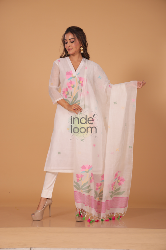 Muslin Jamdani 2-Piece Set Kurti & Dupatta (UNSTITCHED) - Pearl White - 078