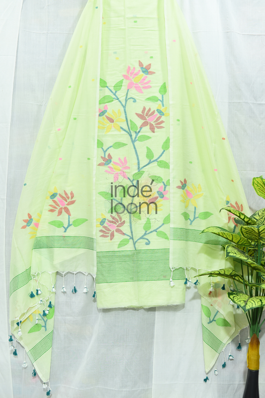 Muslin Jamdani 3 Piece Set Kurti & Dupatta with Pastel Green -154