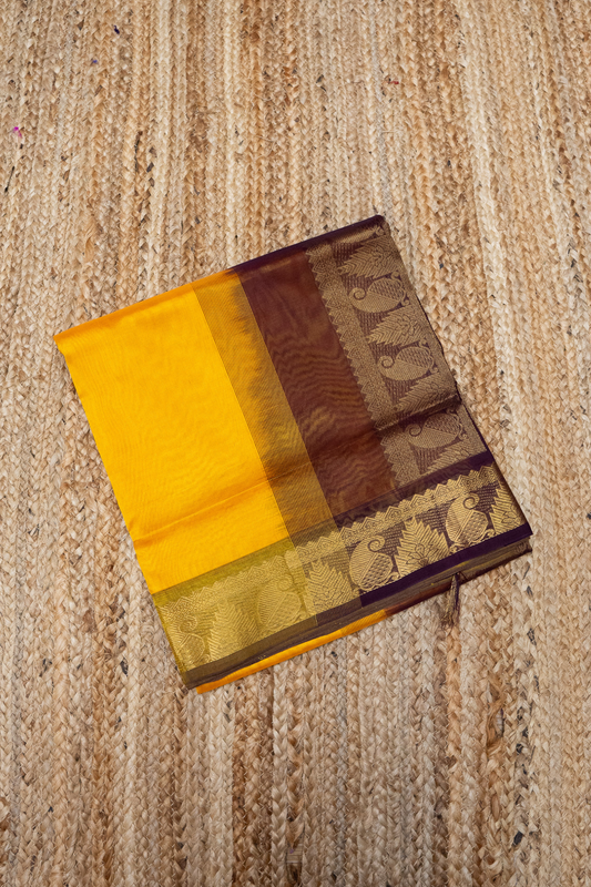 Golden Yellow and  Brown Border Korvai Saree -145