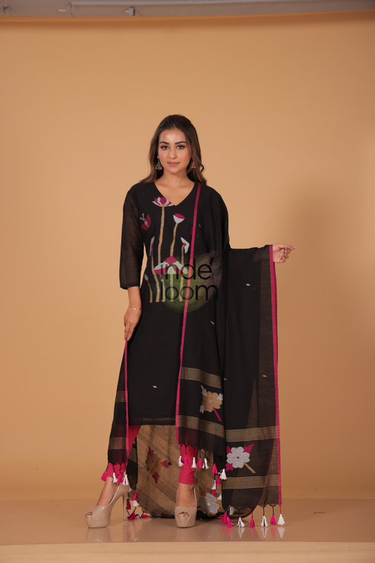 Muslin Jamdani 2-Piece Set Kurti & Dupatta (UNSTITCHED) - Rich Black - 080