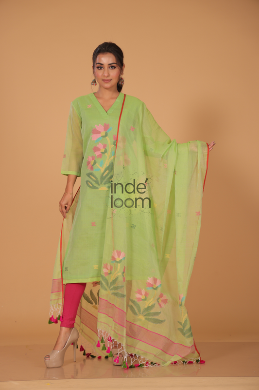 Muslin Jamdani 2-Piece Set Kurti & Dupatta (UNSTITCHED) - Light Green - 076