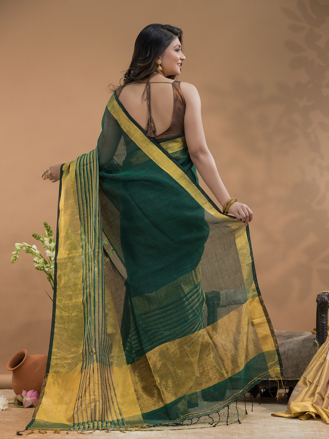 Tissue Silk Saree In Dark Green  -032