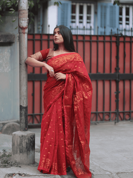 Dark Brown Cotton Silk Jamdani Saree - 004