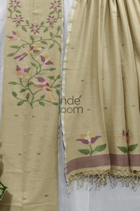 Cotton Jamdani 2 Piece Set Kurti & Dupatta With Ivory White-241