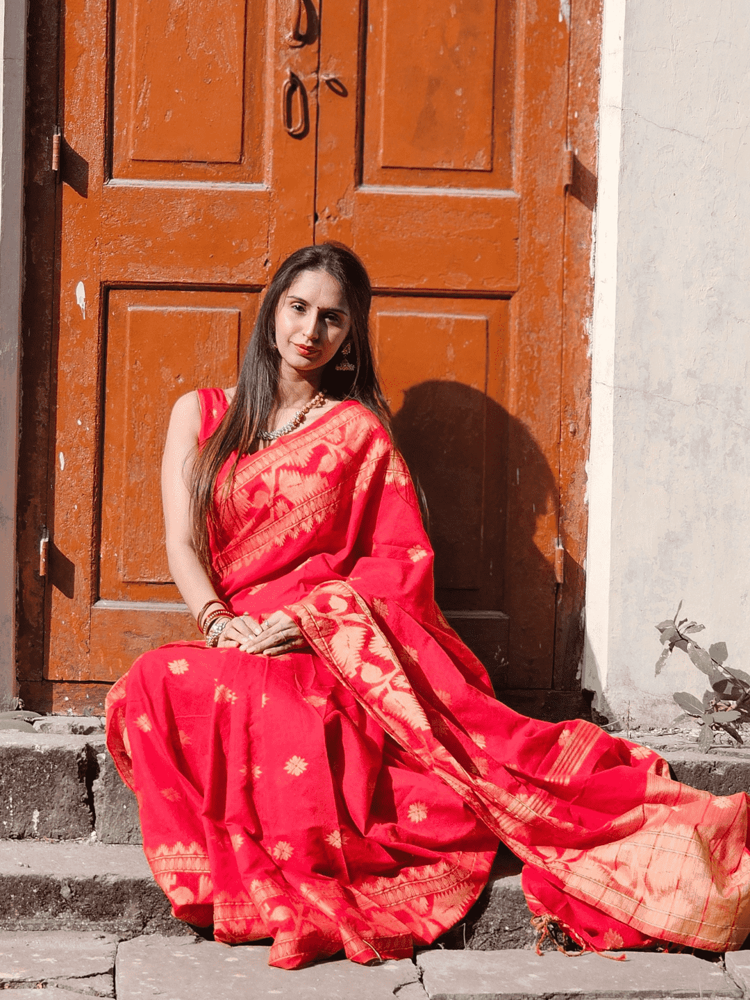 Classic Red Cotton Silk Jamdani Saree - 018 - indeloom