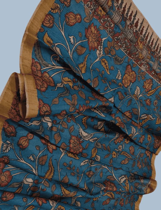 Pen Kalamkari Tussar Silk Dupatta in Royal Blue -004