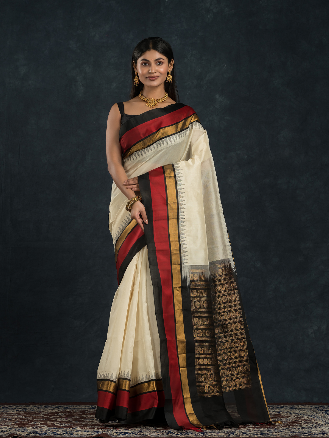 Korvai Saree with Temple border Pearl White and Red Black Border - 124