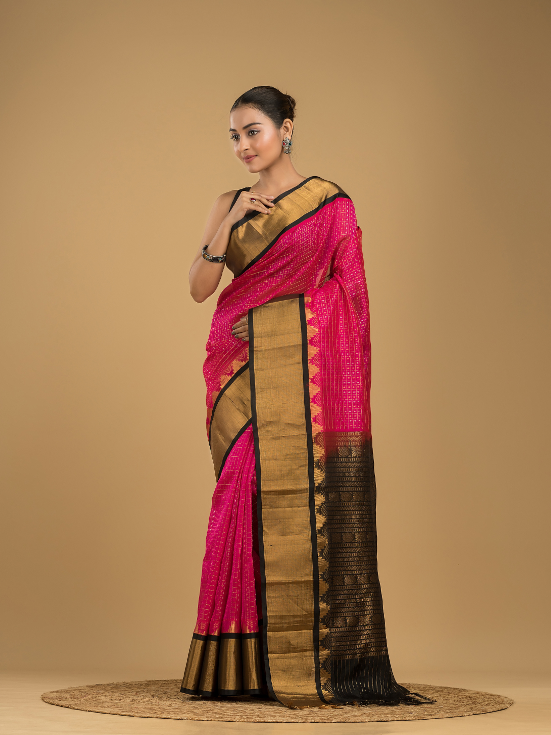 Korvai Saree Lakshadeepam Hot Pink with Black Border - 114