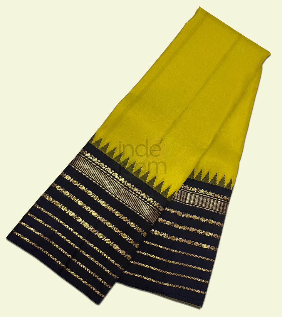 Pure Yellow with Navy Blue Pallu and Golden Striped Zari  Kanjivaram Silk Saree -007