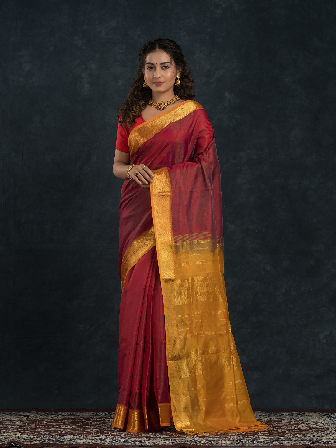 Korvai Saree With Chilli Red and Golden Yellow Border- 023