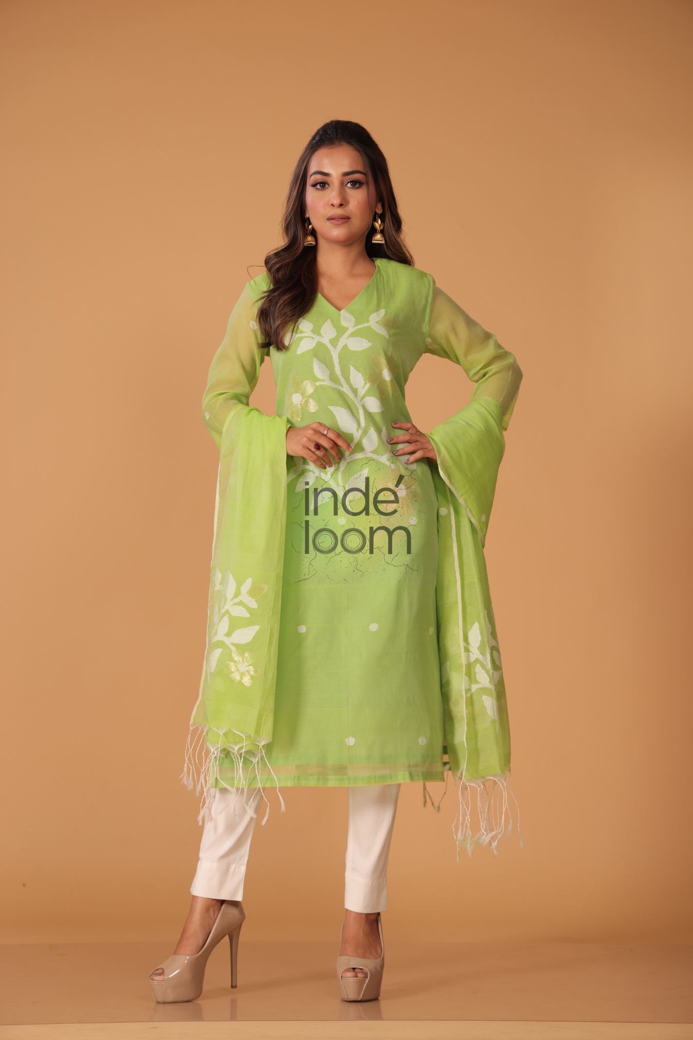 Muslin Jamdani 2-Piece Set Kurti & Dupatta (UNSTITCHED) - Leaf Green - 075