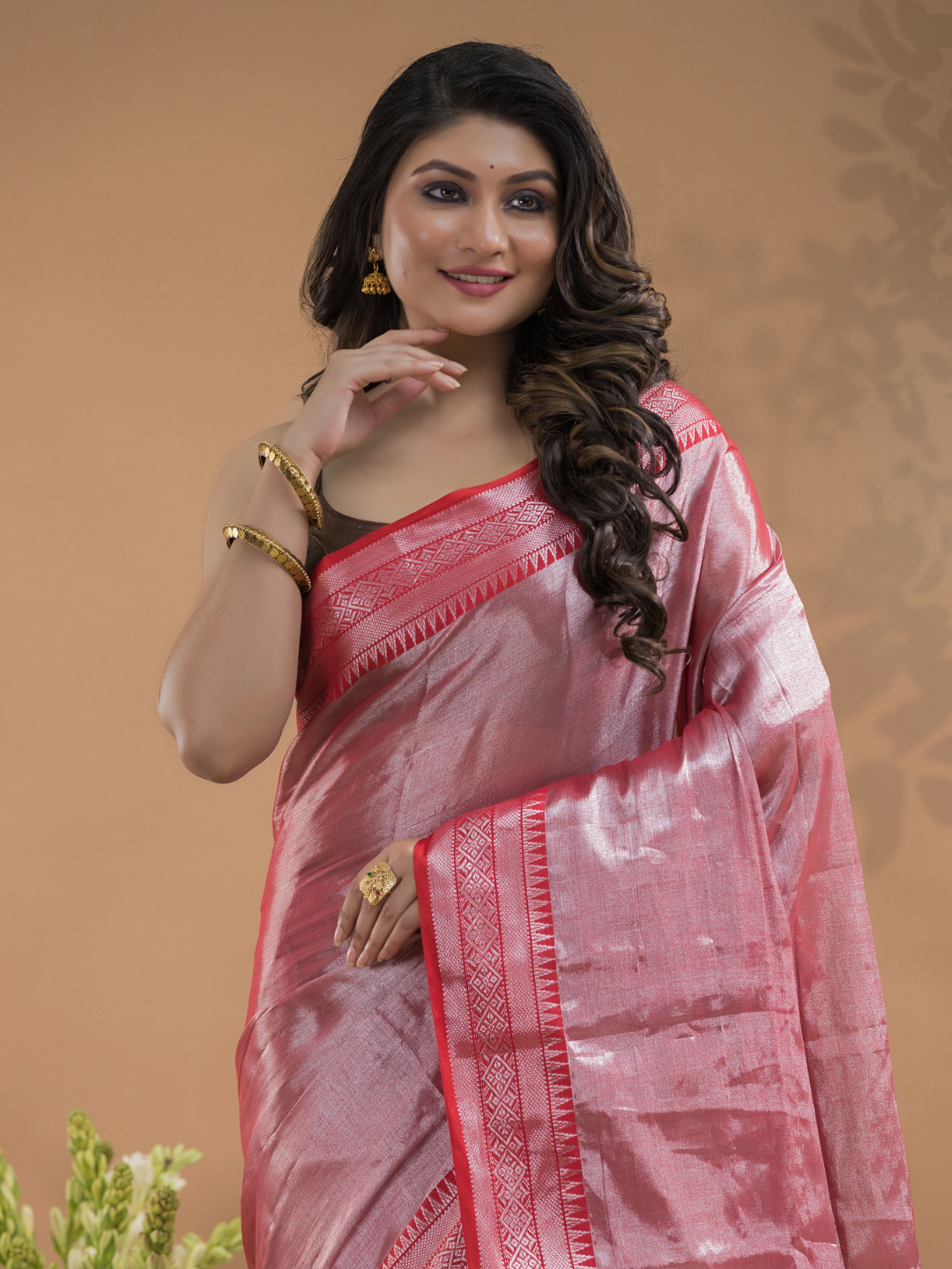 Rose Pink with Pink Border Tissue Silk Saree-028