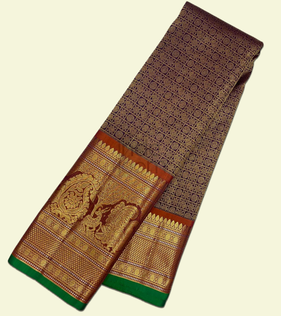 Dark Brown with Gold Border Kanjivaram Silk Saree-012