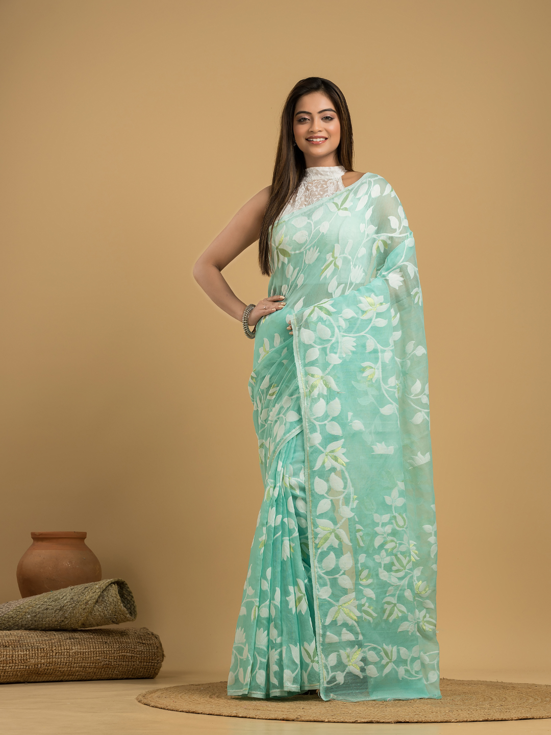 Baby Blue Cotton Silk Jamdani Saree - 033