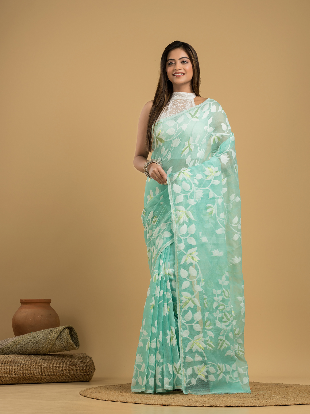 Baby Blue Cotton Silk Jamdani Saree - 033