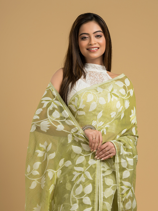 Tea Green Cotton Silk Jamdani Saree - 034