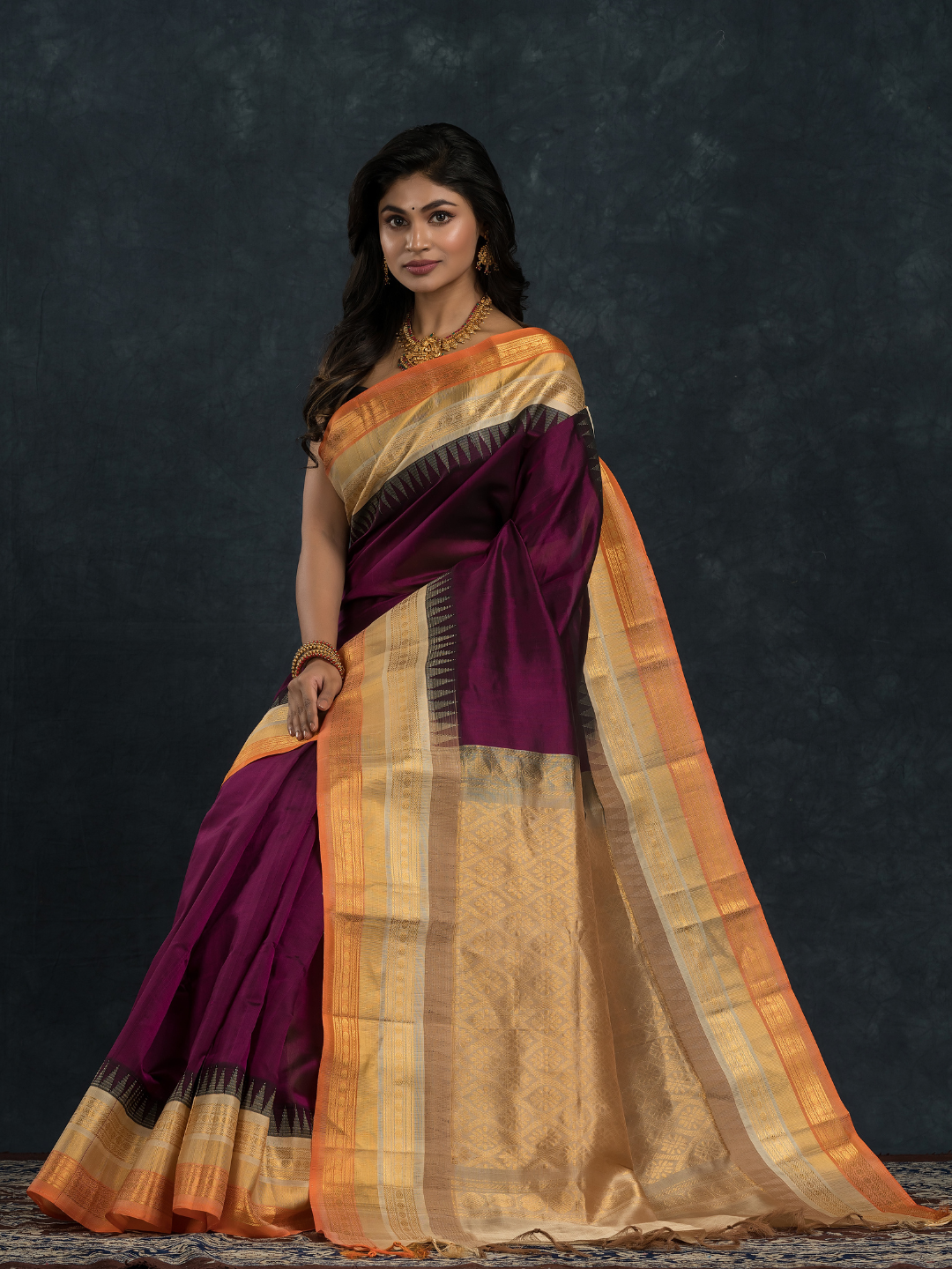 Korvai Saree with Temple border Blood Red with Beige and Golden Orange Border - 119