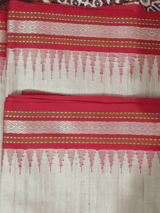 Beige & Red Handloom Vidarbha Tussar Silk Saree with Multicolor Contrast Border -049 - indeloom