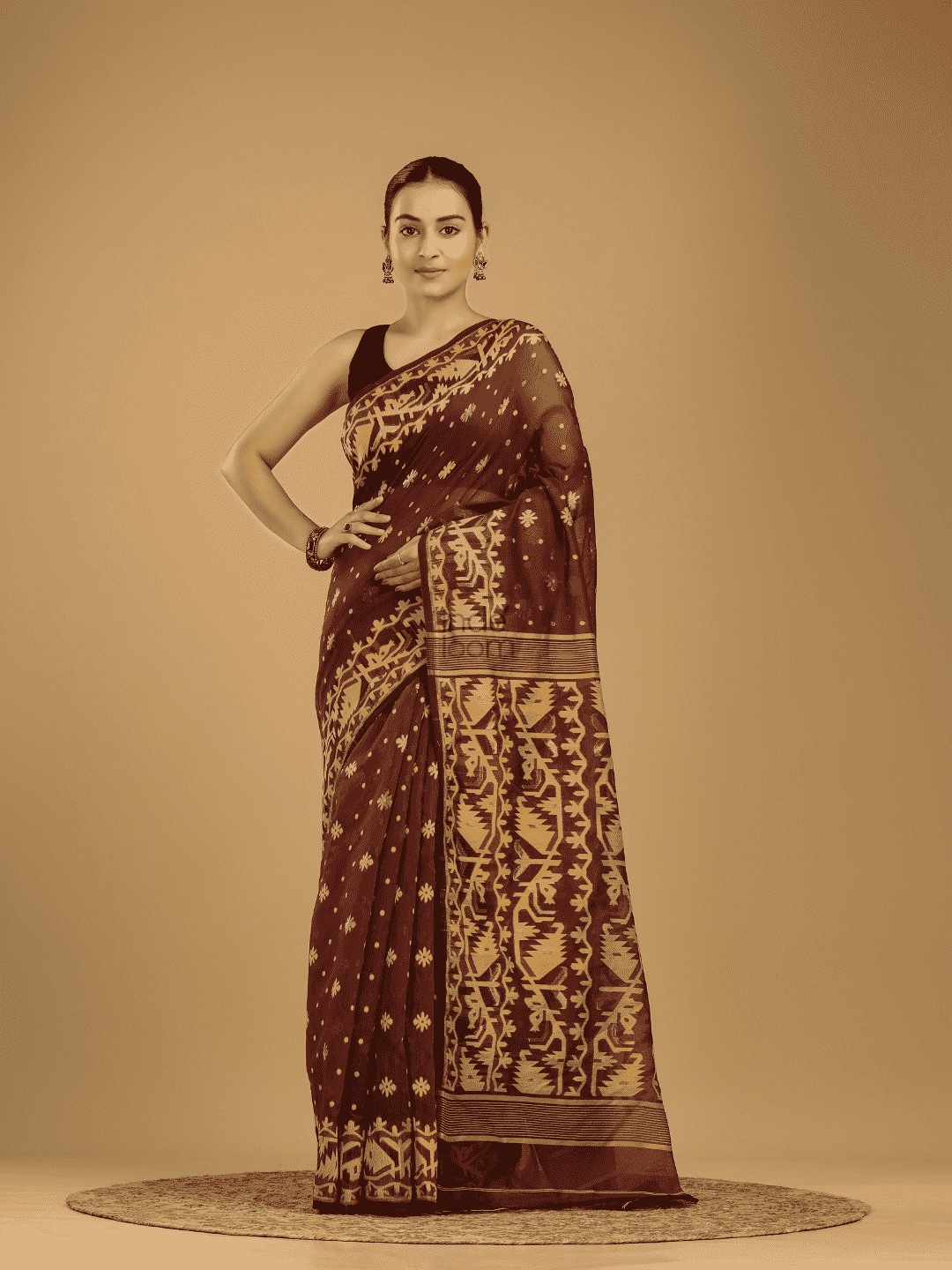 Dark Brown Soft Silk Jamdani Saree - 003