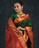 Pure handloom Korvai Lakshadeepam Silk cotton Saree with grand border in Pine Green and Golden Red Border - 133