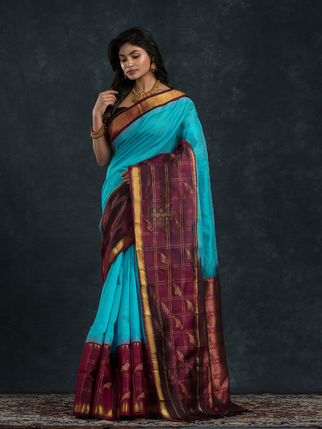 Korvai Saree with Parrot motifs on Zari Checks border bright Blue with Purple border - 131