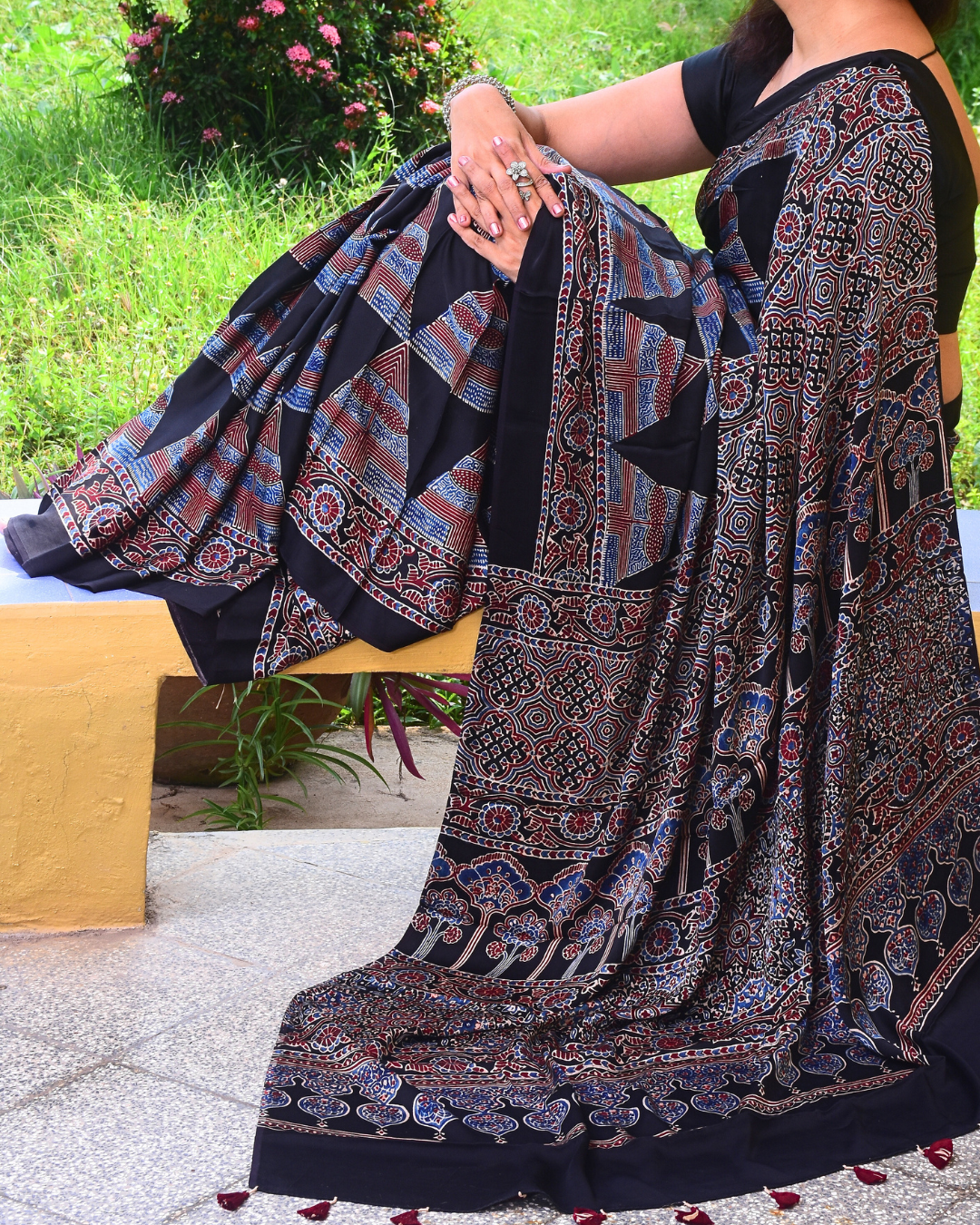 Ajrakh Exclusive Designer Modal Silk in Black, Blue and Maroon with Intricate Pattern - 032