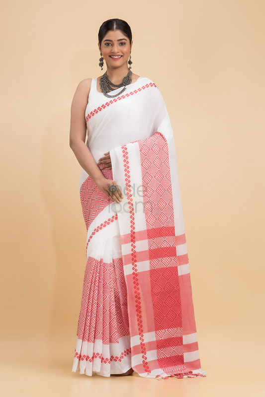 Dewali Saree Handloom Cotton  in Red and White Border-003