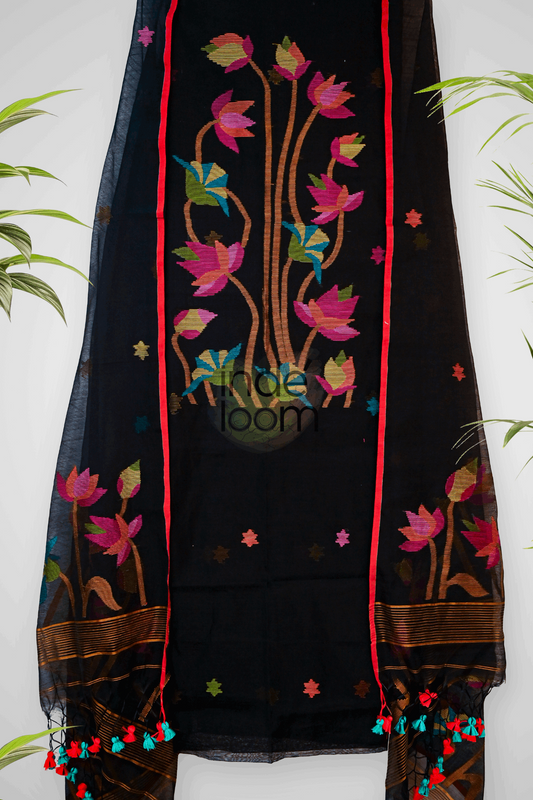 Cotton Jamdani 2 Piece Set Kurti & Dupatta with Coal Black -369