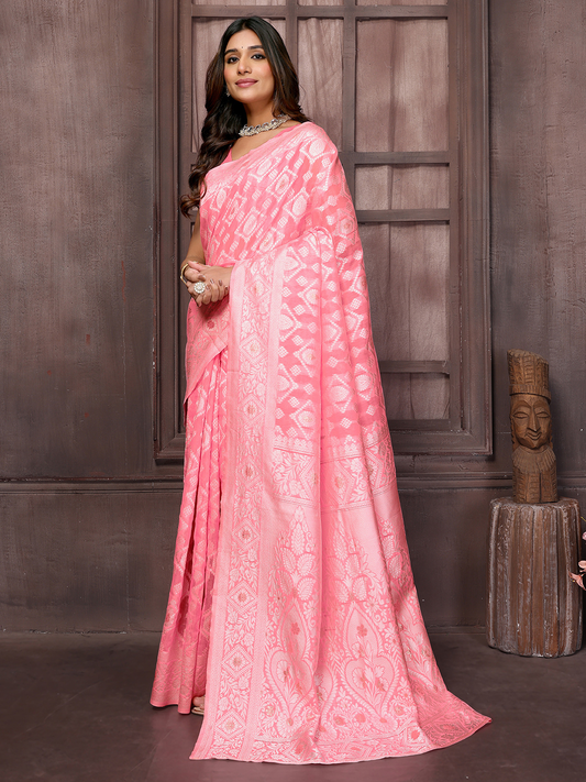 Chanderi Cotton Saree with Geometric design In Baby Pink (Precision Looms) - 013