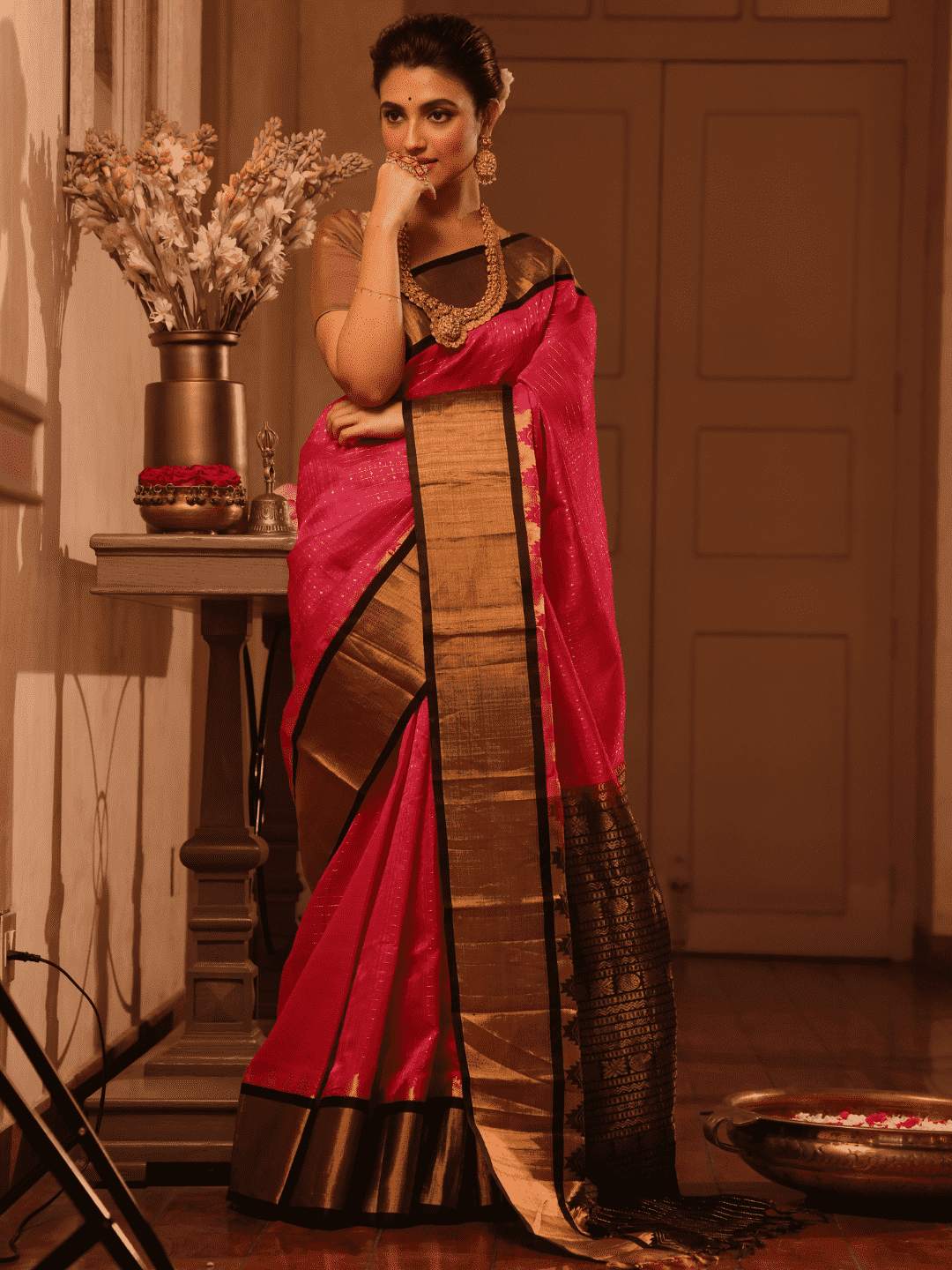 Pure Handloom Korvai Silk Cotton Lakshadeepam Saree in Hot Pink and Black Border - 114