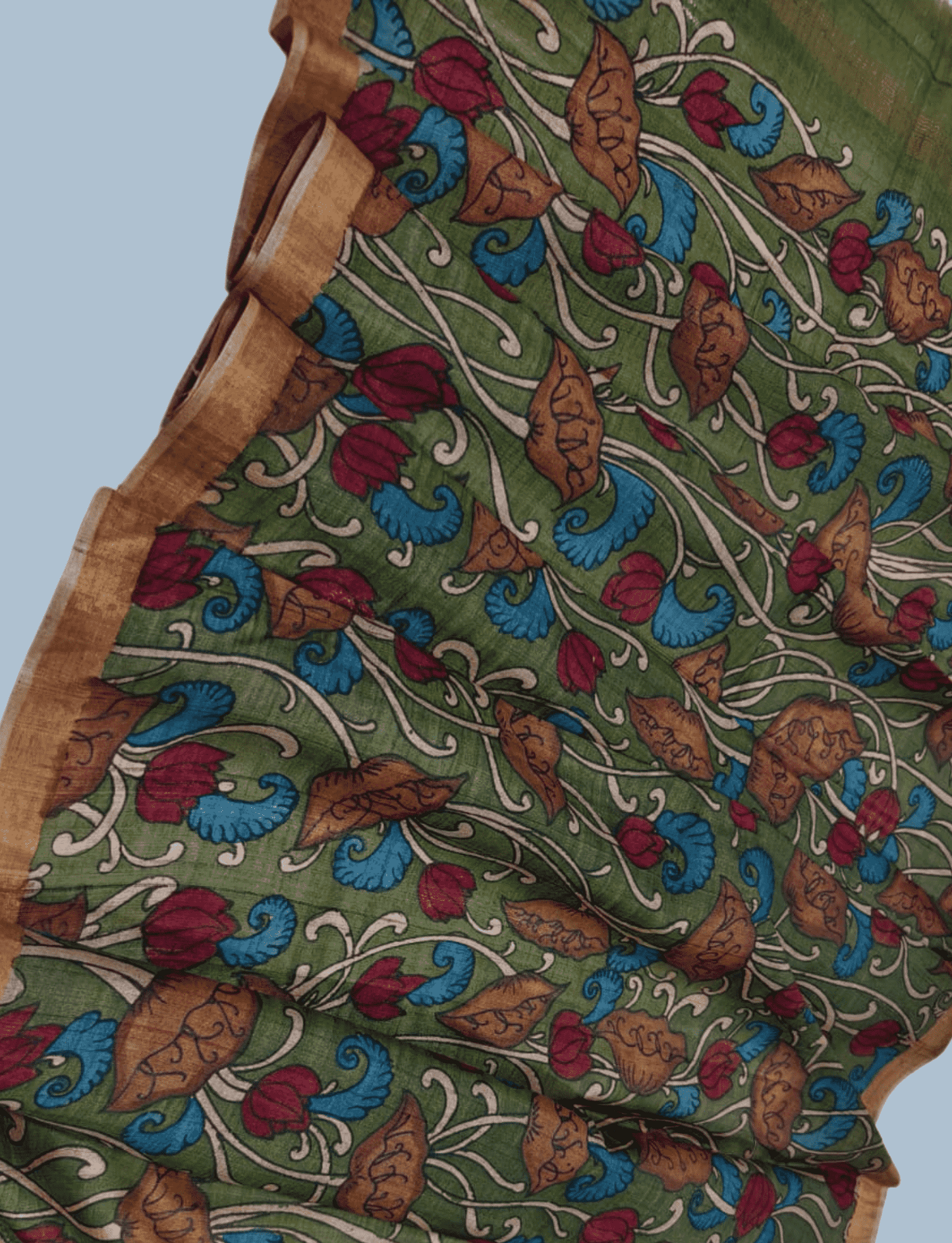 Pen Kalamkari Tussar Silk Dupatta in Olive Green - 003