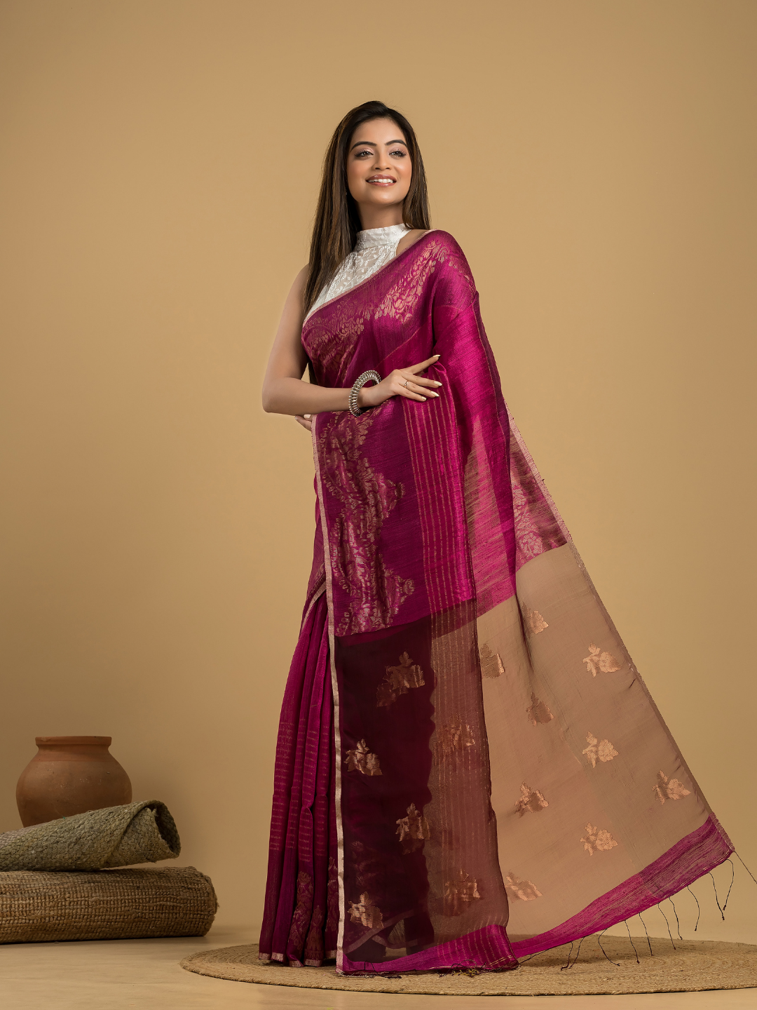 Deep Pink Matka Silk Jamdani Saree - 046