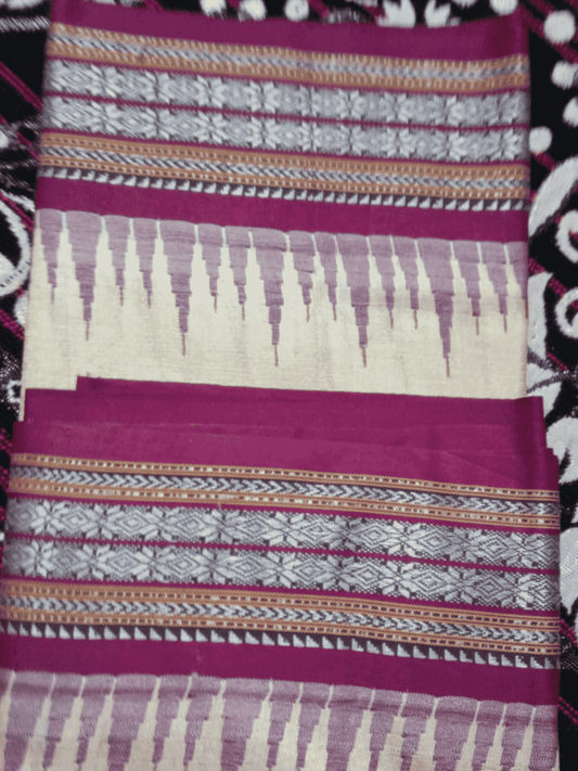 Beige & Wine Purple Handloom Vidarbha Tussar Silk Saree with Multicolor Contrast Border -050 - indeloom