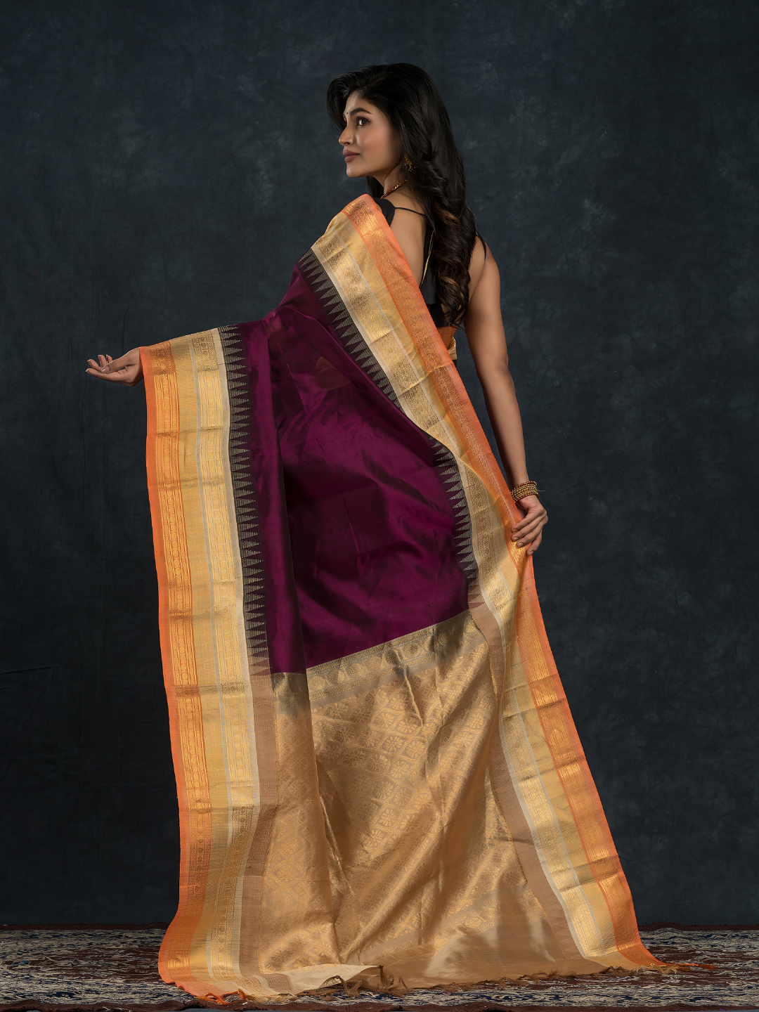 Korvai Saree with Temple border Blood Red with Beige and Golden Orange Border - 119