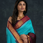 Korvai Saree with Parrot motifs on Zari Checks border bright Blue with Purple border - 131