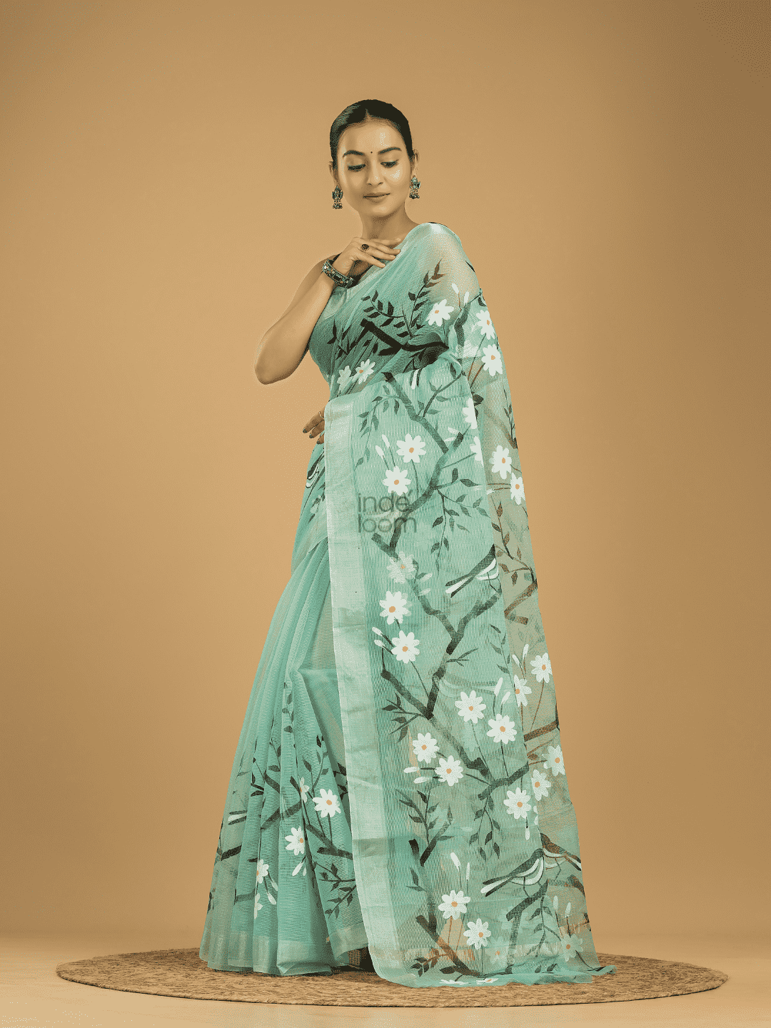 Kota Doria Handpainted Saree With Teal Green - 004