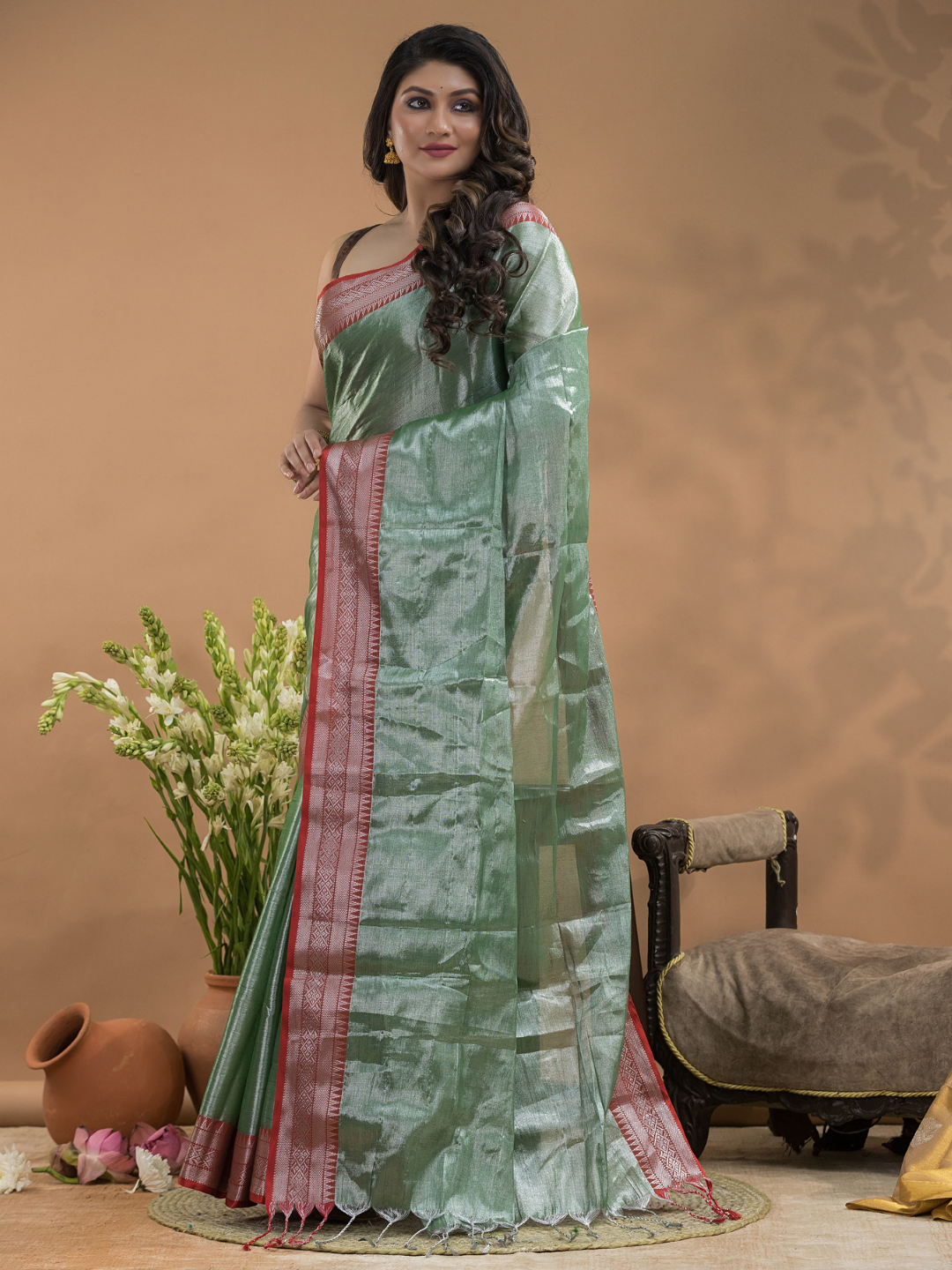 Tissue Silk Saree In Persian Green -024