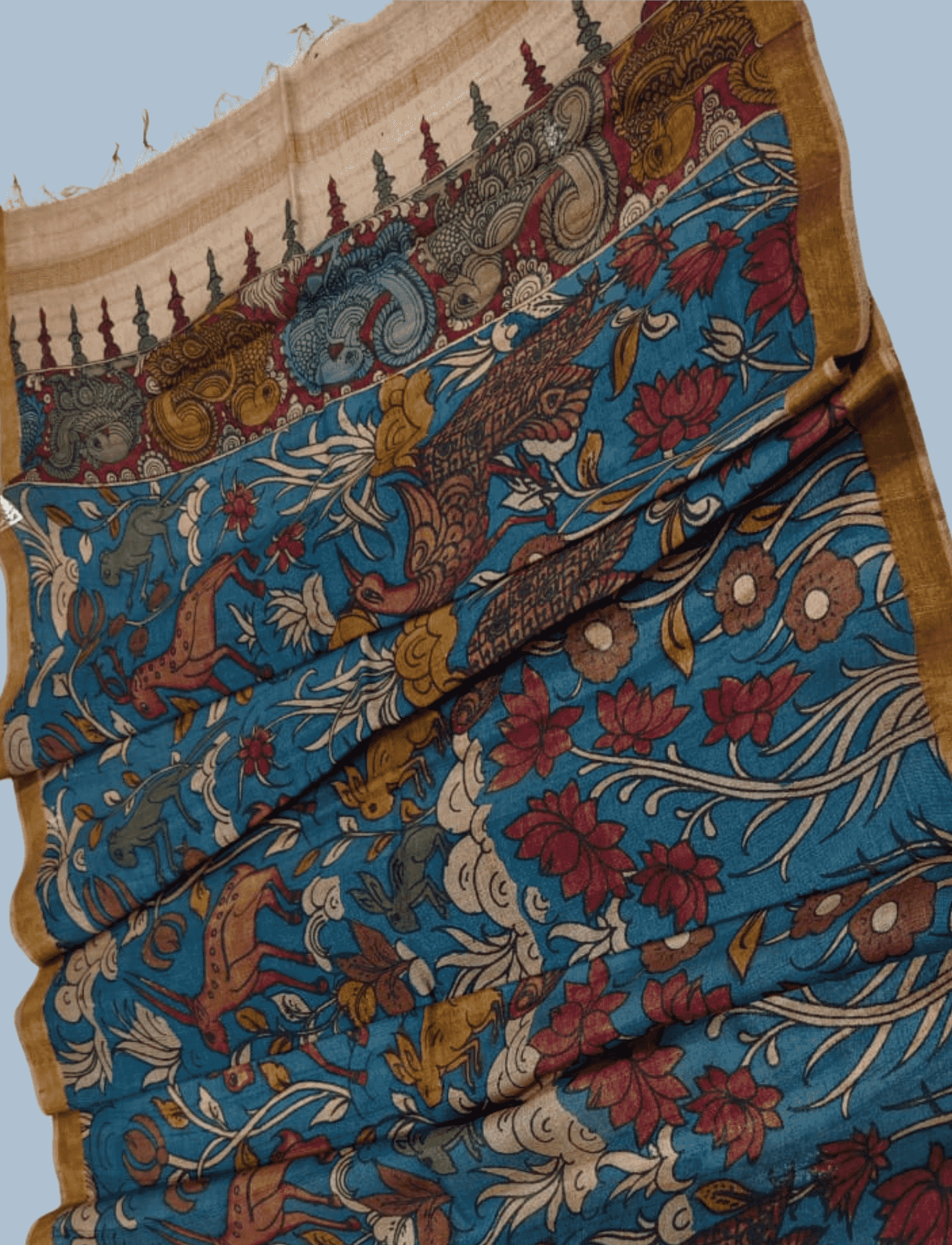 Pen Kalamkari Tussar Silk Dupatta in  Indigo Blue -036