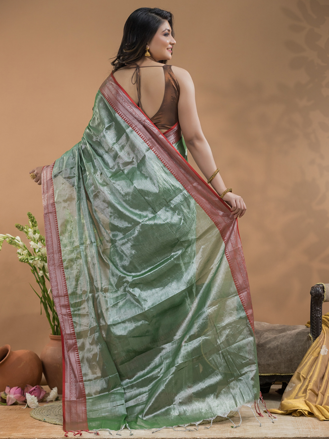 Tissue Silk Saree In Persian Green -024