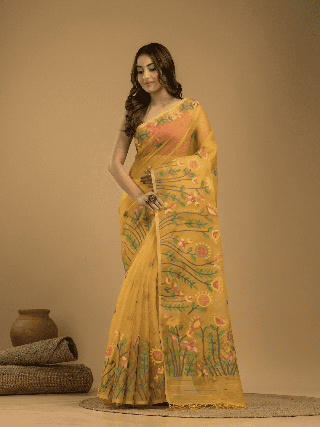 Jamdani Saree With Mustard Yellow - 04